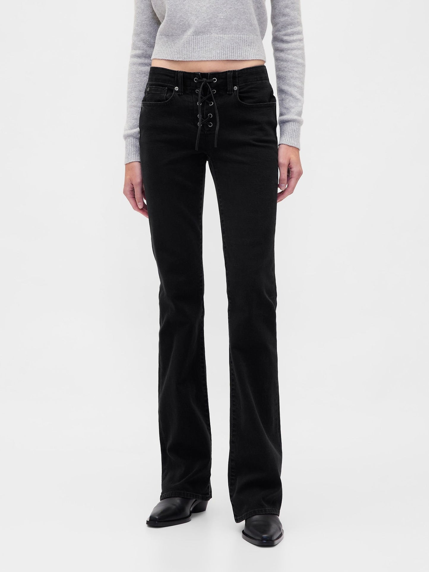 Siyah Low Rise Long & Lean Lace-up Jean Pantolon
