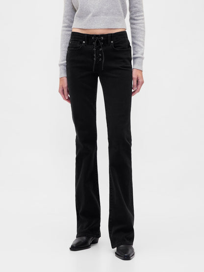 Siyah Low Rise Long & Lean Lace-up Jean Pantolon