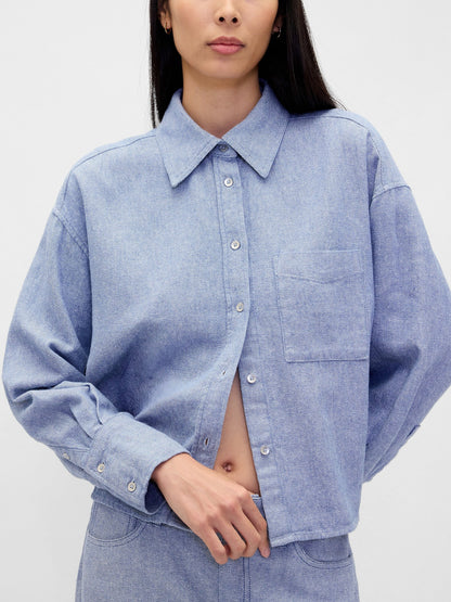 Açık Mavi Keten Karışımı Oversized Gömlek