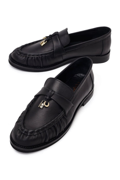 Kadın Siyah Deri Maskülen Loafer