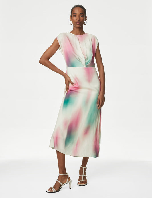 Regular Fit Desenli Midi Cupro Elbise