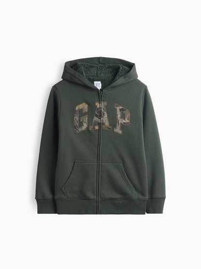 Koyu Yeşil Sherpa Astarlı Logo Fermuarlı Sweatshirt