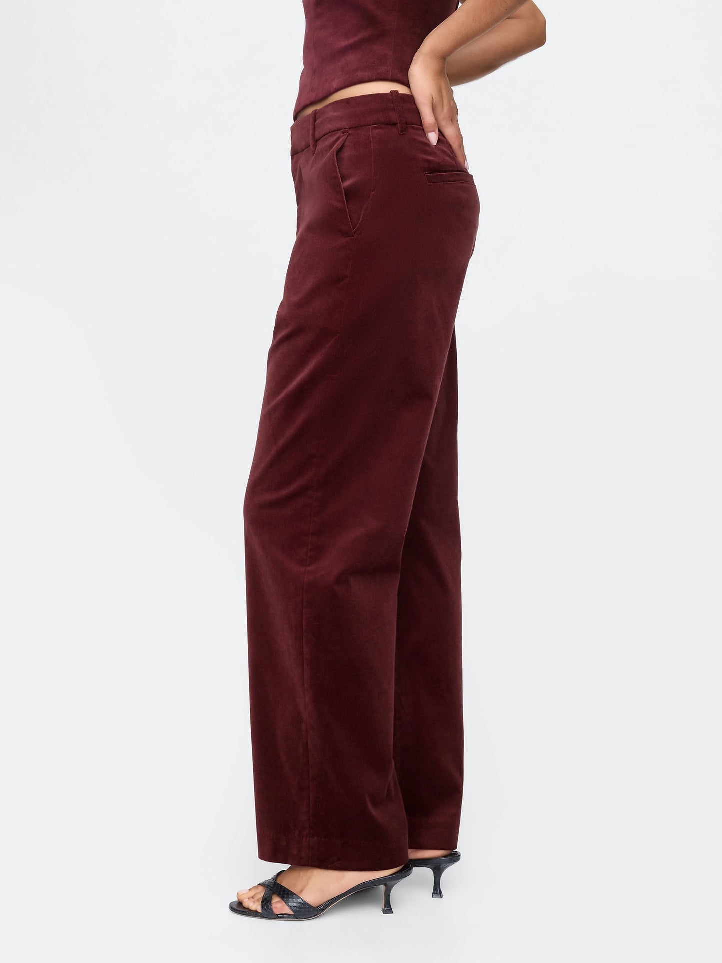 Bordo High Rise Kadife Straight Pantolon