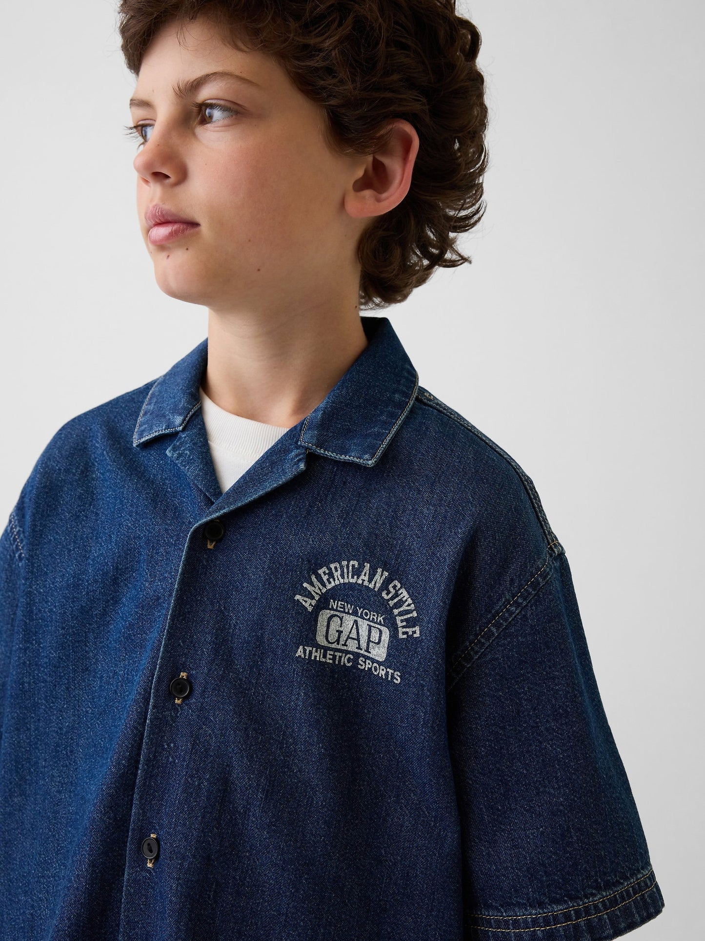 Koyu Mavi Kids Denim Relaxed New York Logo Gömlek
