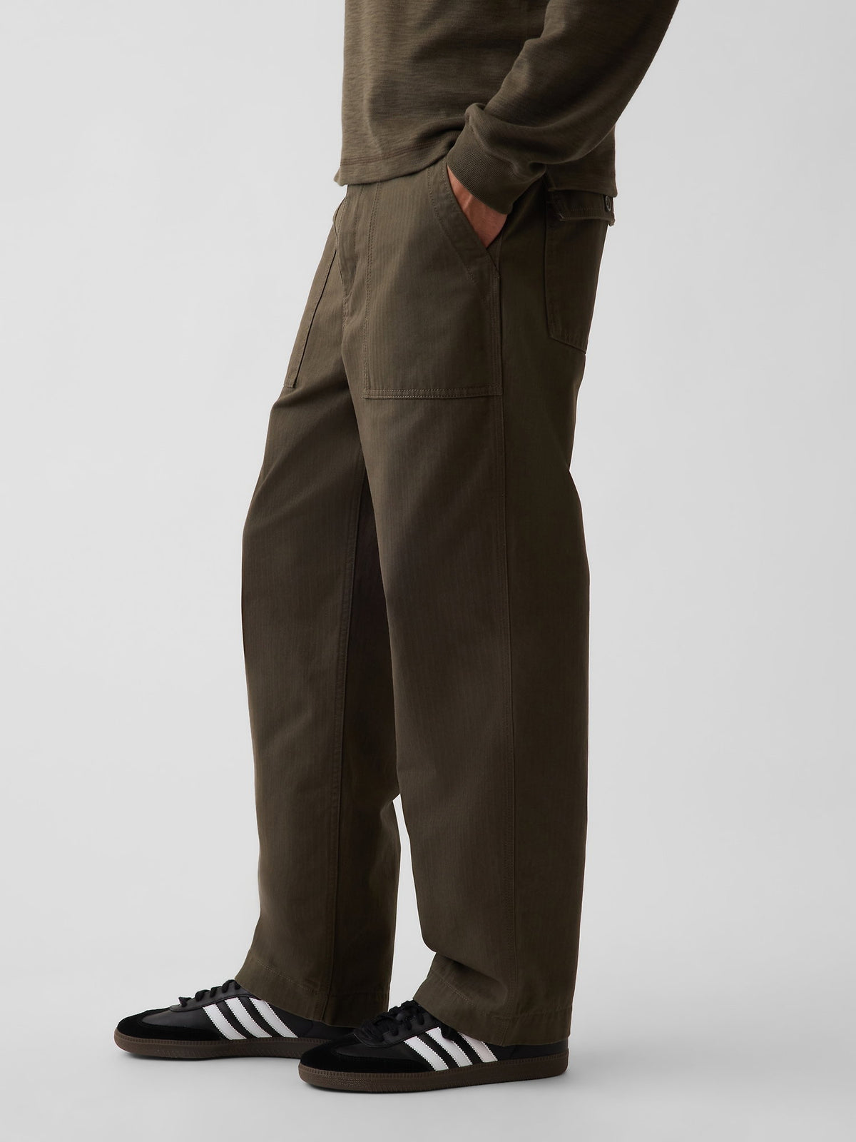 Haki Herringbone '90s Loose Pantolon