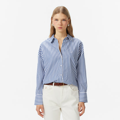 Nautica Kadın Mavi Oversize Çizgili Gömlek