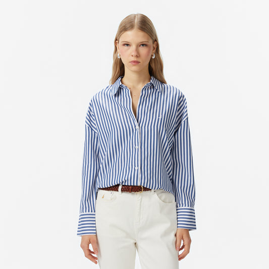 Nautica Kadın Mavi Oversize Çizgili Gömlek