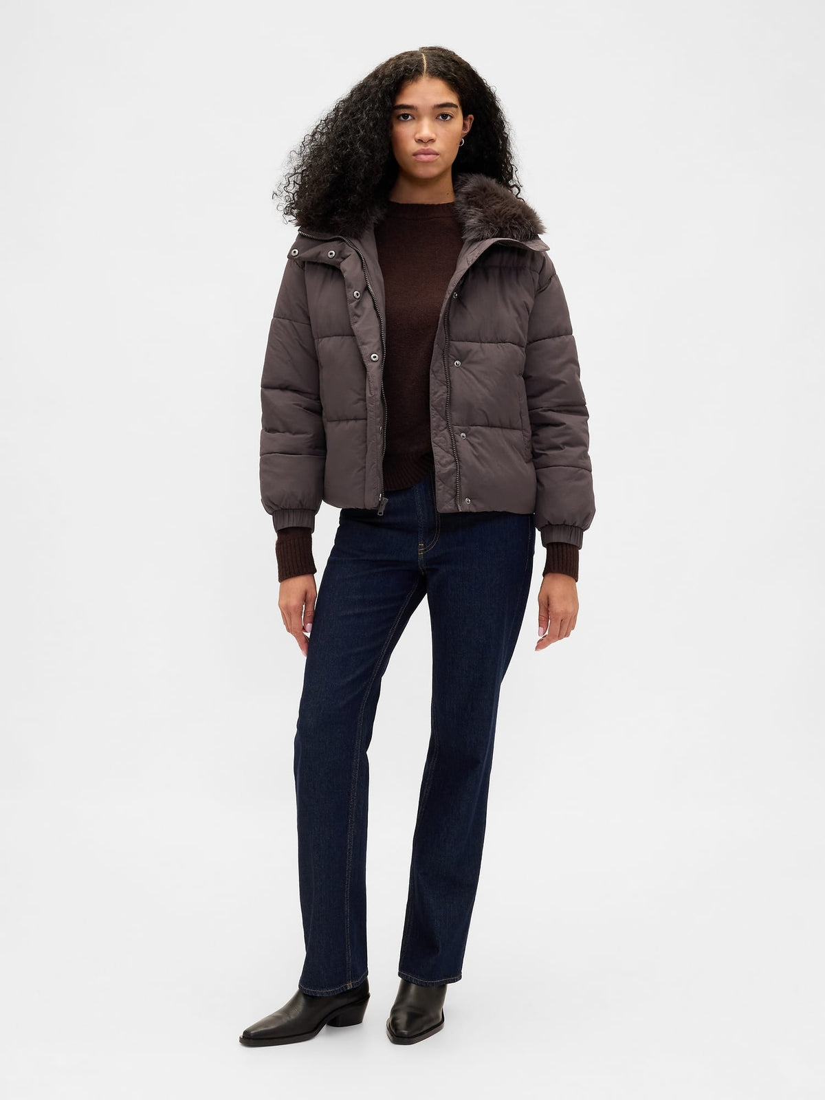 Koyu Kahverengi Faux Fur-trim Puffer Şişme Mont