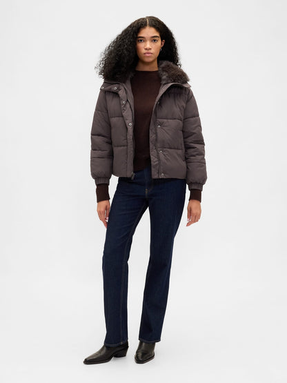 Koyu Kahverengi Faux Fur-trim Puffer Şişme Mont
