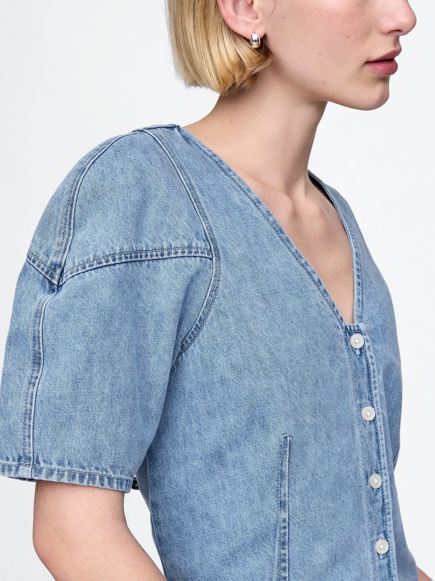 Mavi Kabarık Kol Denim Crop Bluz