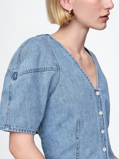 Mavi Kabarık Kol Denim Crop Bluz
