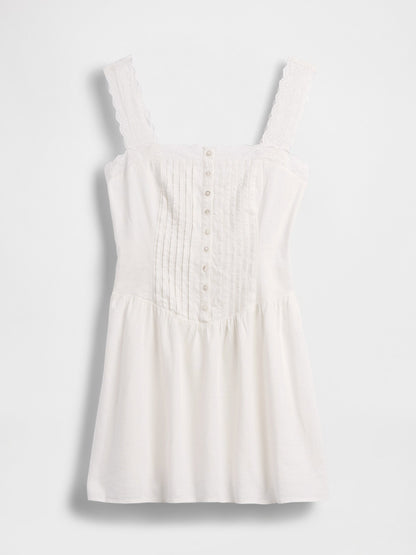 Beyaz Pintuck Drop-waist Mini Elbise