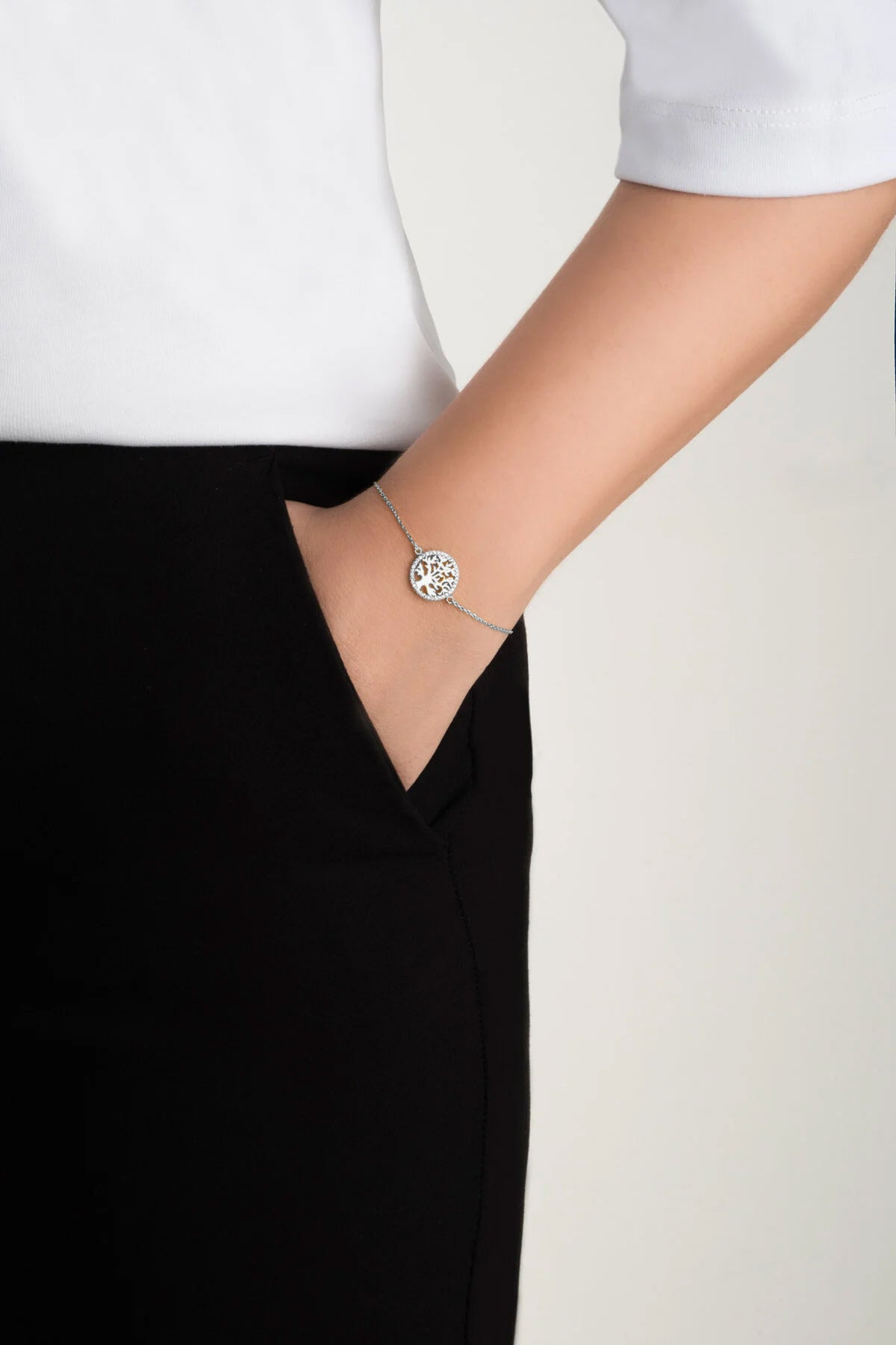 Hayat Ağacı 18 Ayar Beyaz Altın Kaplama 20 Cm Gümüş Minimal Bileklik 1051640199