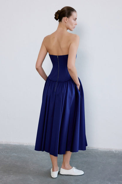 Straplez Balenli Midi Poplin Lacivert Elbise