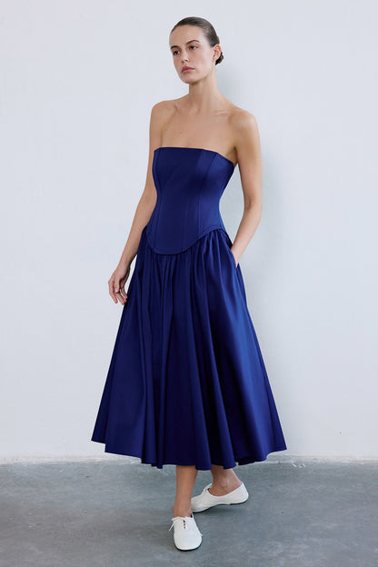 Straplez Balenli Midi Poplin Lacivert Elbise