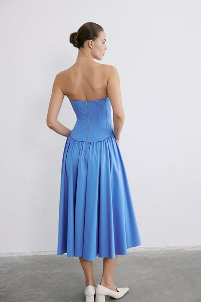 Straplez Balenli Midi Poplin Mavi Elbise