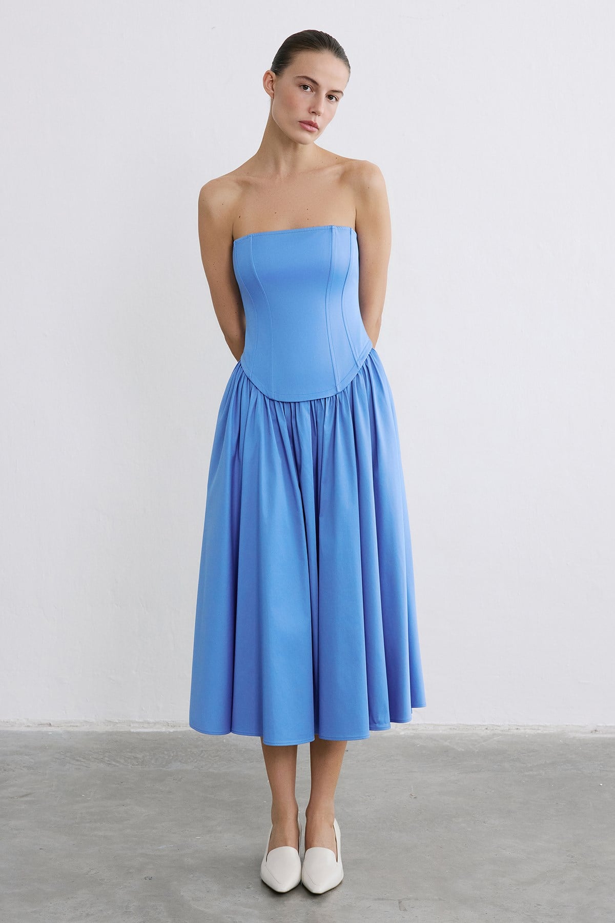 Straplez Balenli Midi Poplin Mavi Elbise