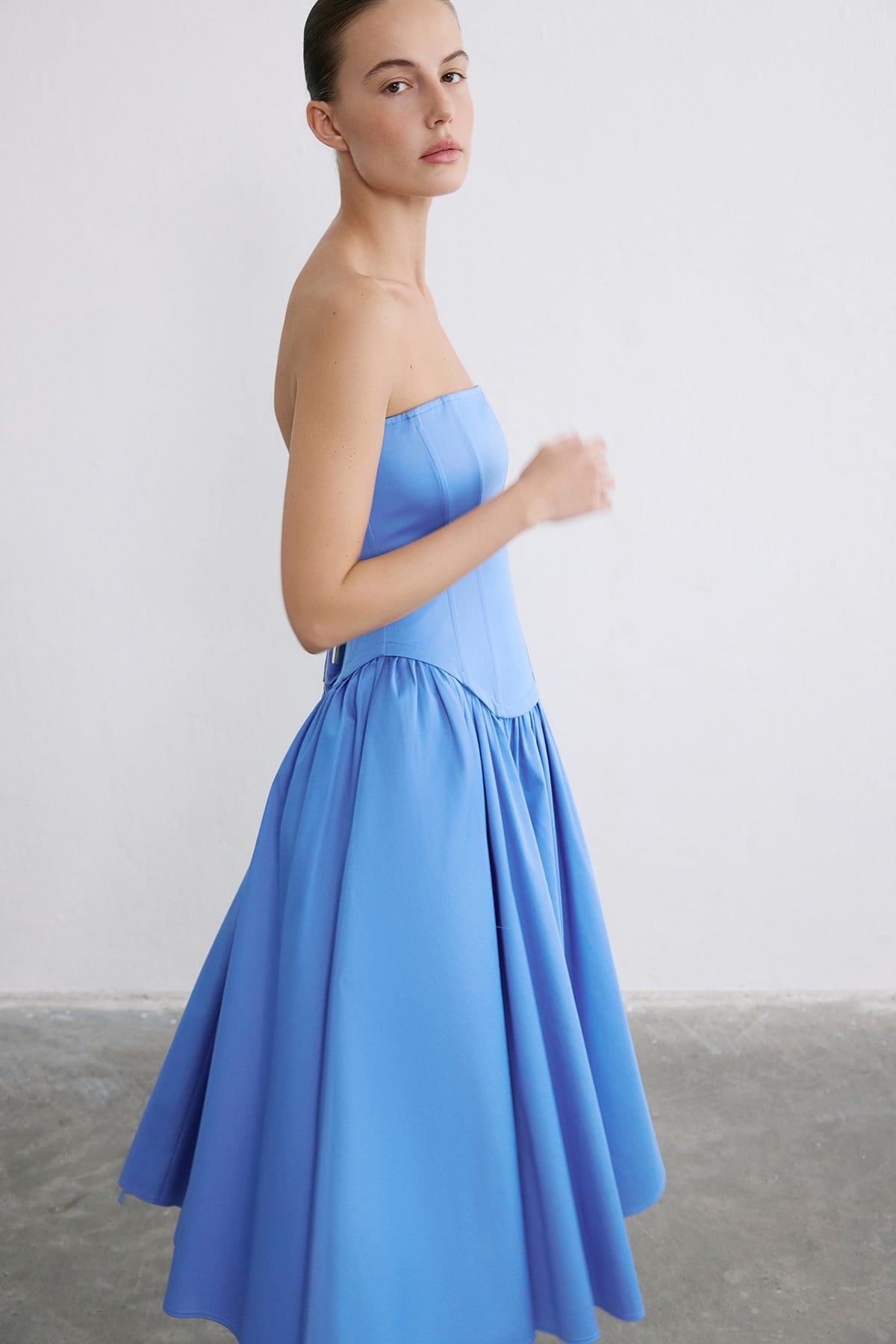 Straplez Balenli Midi Poplin Mavi Elbise