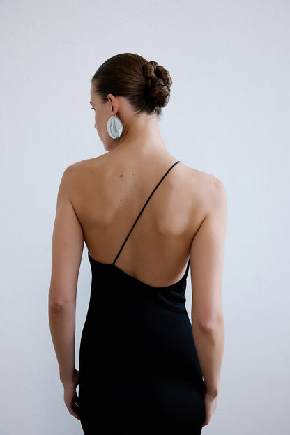 Tek Omuz Yırtmaçlı Triko Uzun Siyah Elbise