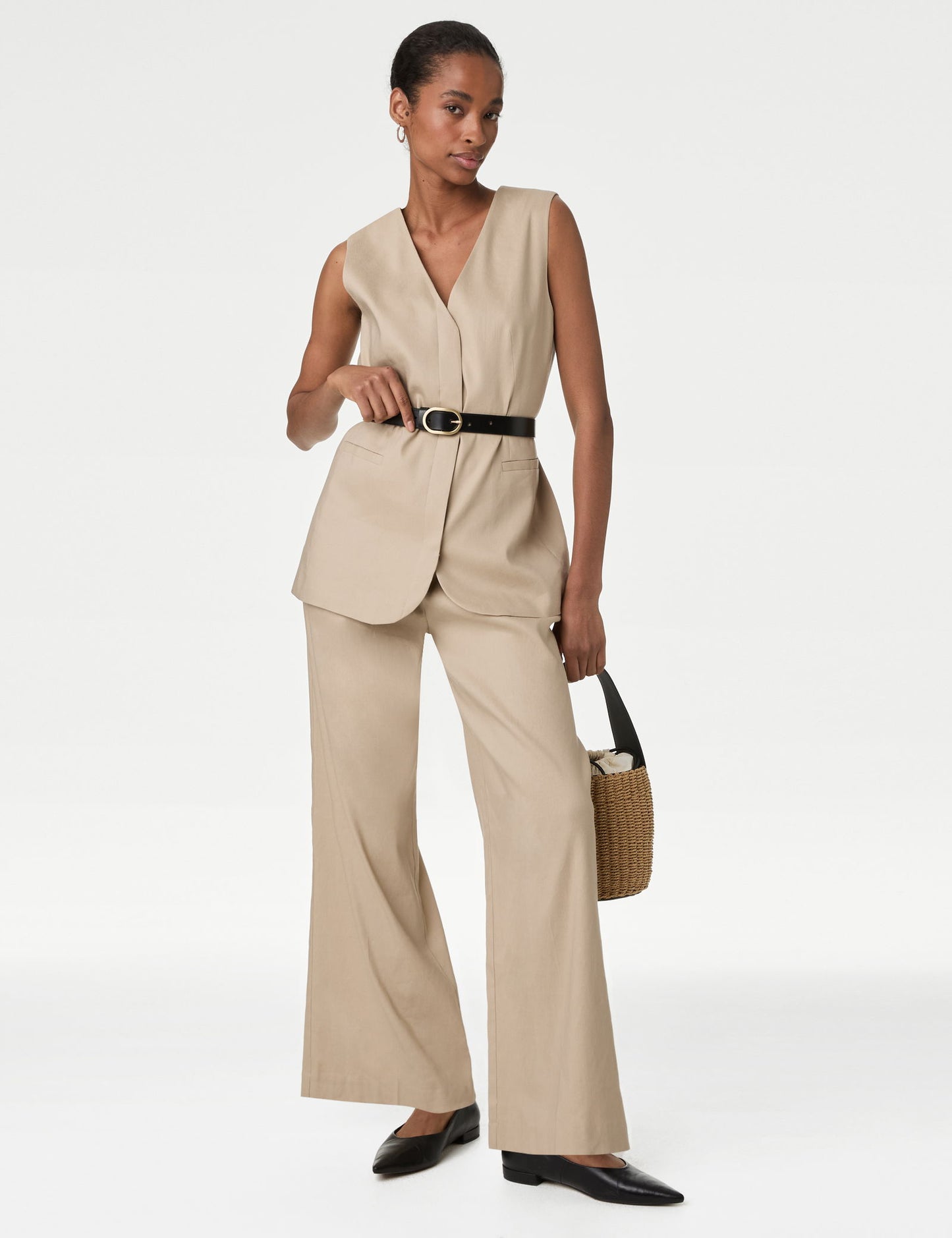 Yüksek Bel Wide Leg Keten Pantolon