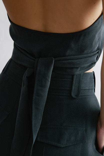 Sırt Dekolteli Kruvaze Crop Siyah Bluz