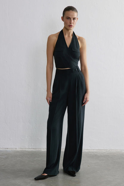 Sırt Dekolteli Kruvaze Crop Siyah Bluz