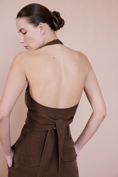 Sırt Dekolteli Kruvaze Crop Kahve Bluz