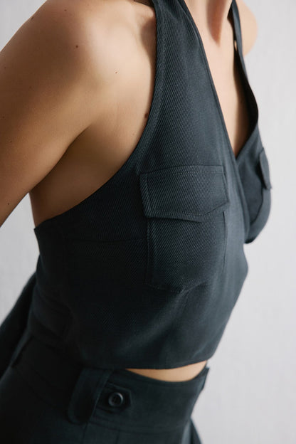 Sırt Dekolteli Kruvaze Crop Siyah Bluz