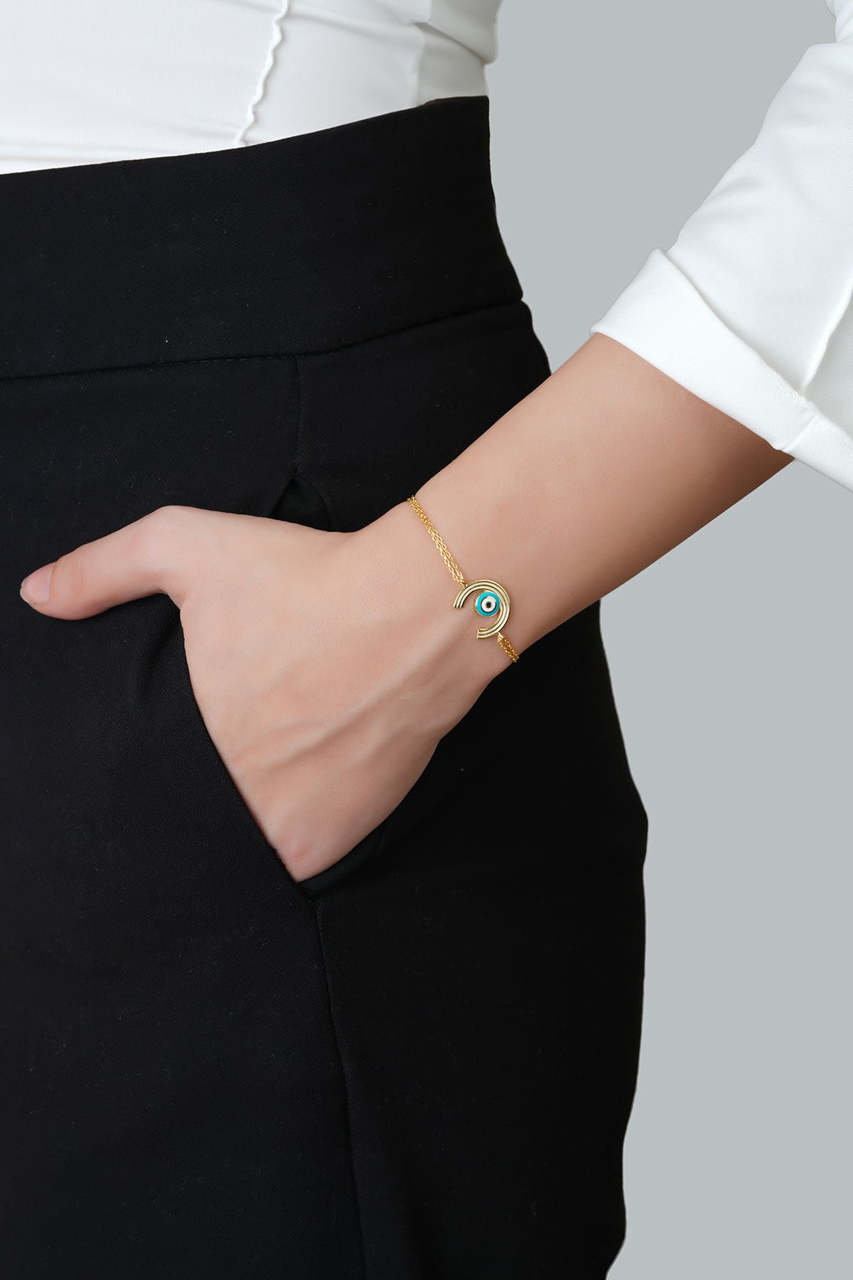 Minimal Nazar 18 Ayar Sarı Altın Kaplama 19 Cm Gümüş Bileklik 1092730544
