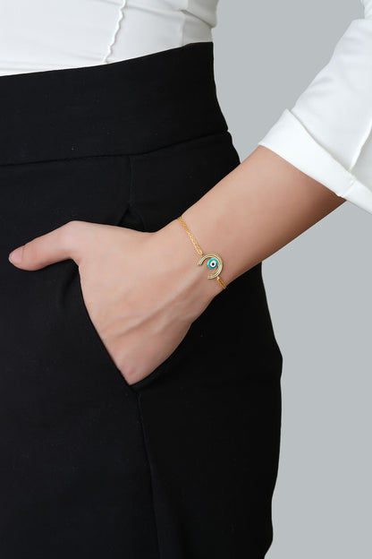 Minimal Nazar 18 Ayar Sarı Altın Kaplama 19 Cm Gümüş Bileklik 1092730544