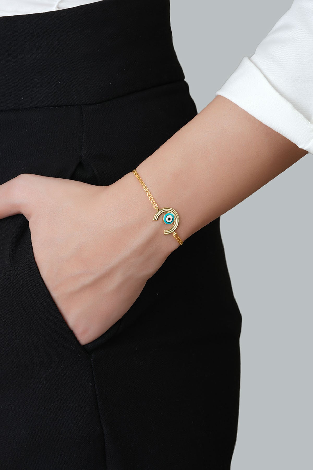 Minimal Nazar 18 Ayar Sarı Altın Kaplama 19 Cm Gümüş Bileklik 1092730544