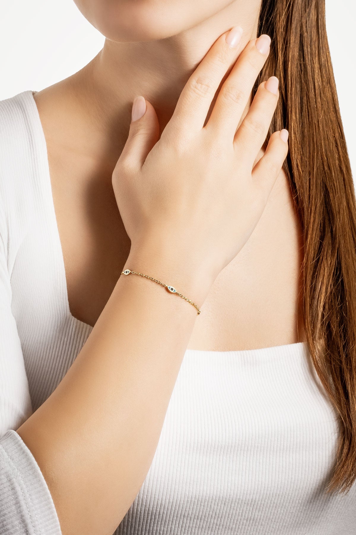 Nazar Motifli 18 Ayar Sarı Altın Kaplama 20 Cm Gümüş Minimal Bileklik 1092740544