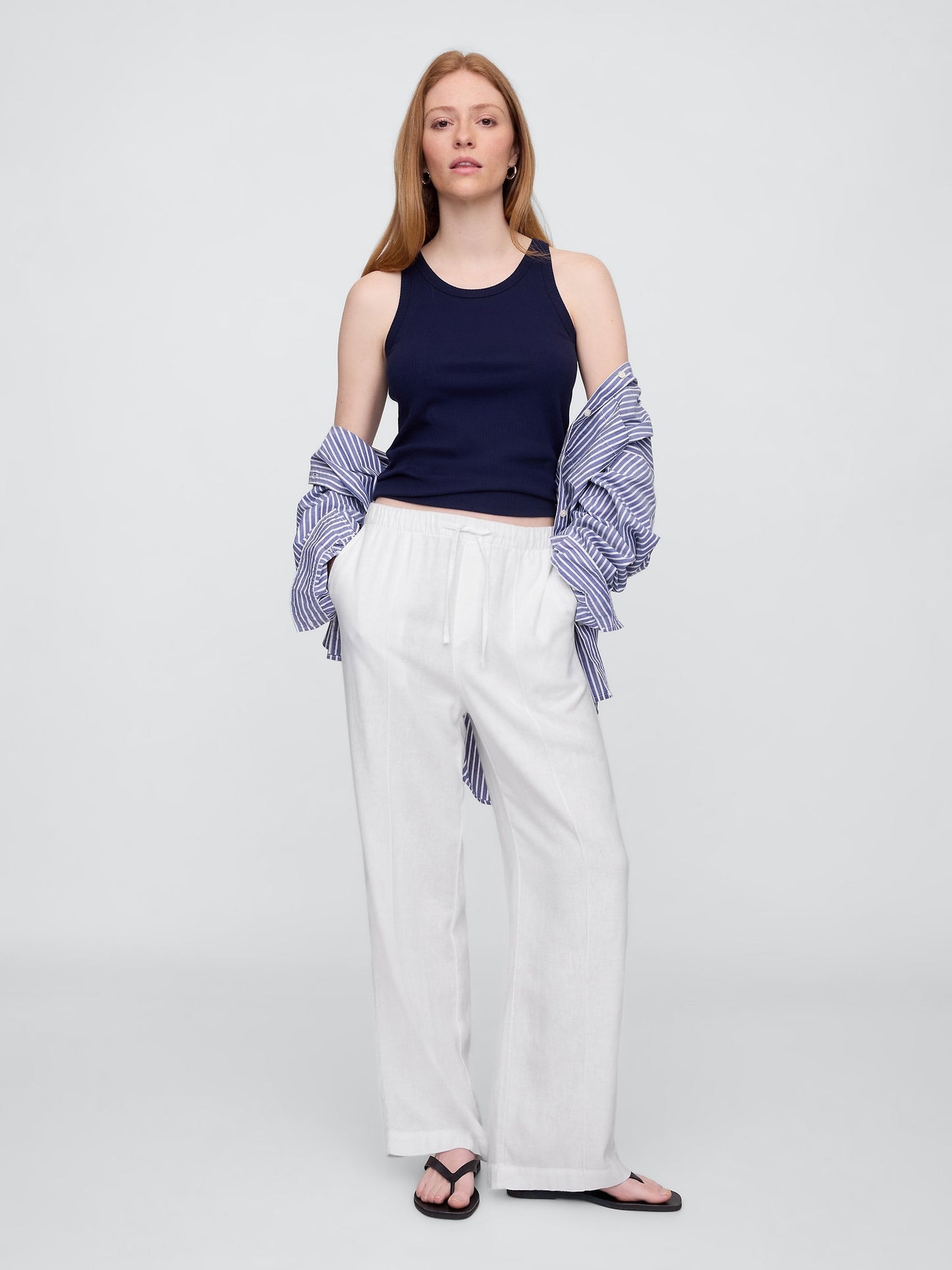 Beyaz Mid Rise Keten Karışımlı Pull-on Wide-leg Pantolon