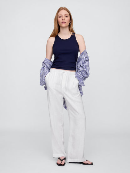 Beyaz Mid Rise Keten Karışımlı Pull-on Wide-leg Pantolon