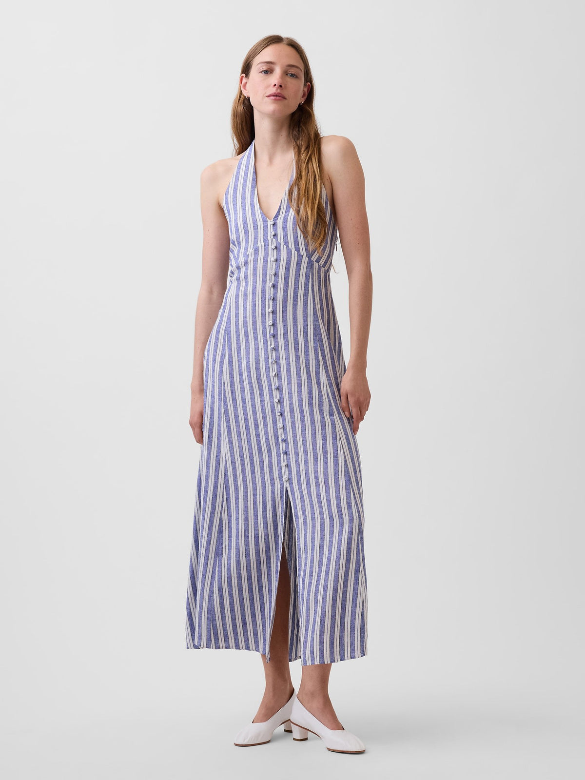 Mavi Keten Karışımlı Halter Maxi Elbise