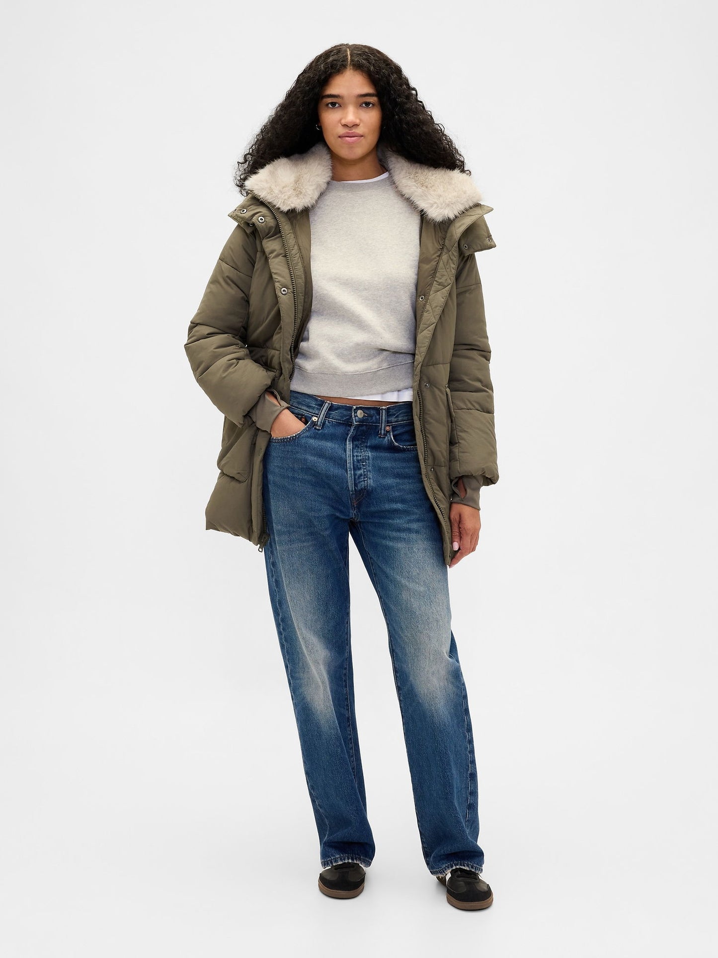 Haki Faux Fur-trim Midi Puffer Şişme Mont