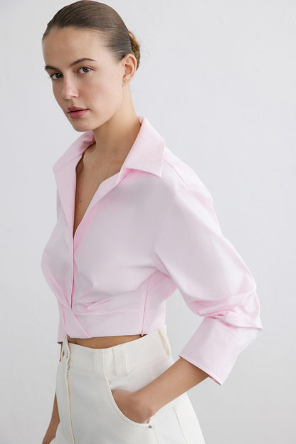 Kruvaze Yaka Poplin Crop Pembe Gömlek