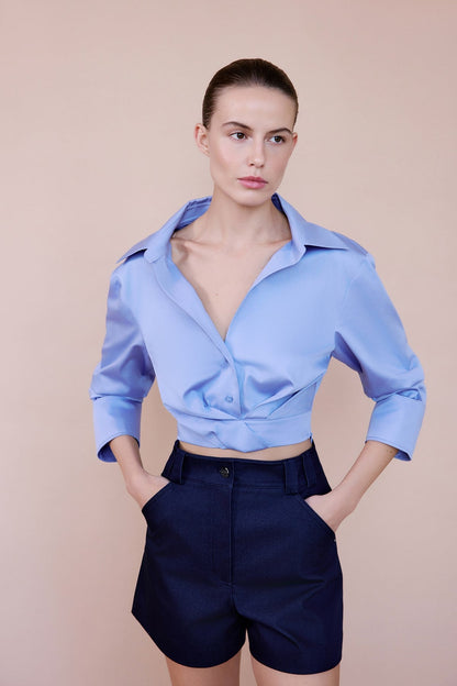 Kruvaze Yaka Poplin Crop Mavi Gömlek