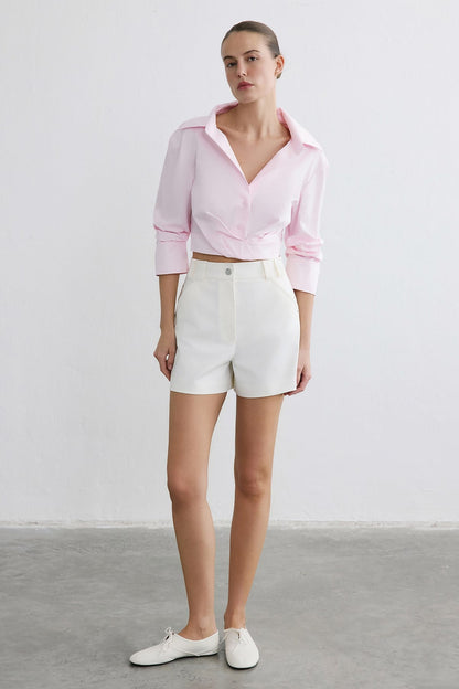 Kruvaze Yaka Poplin Crop Pembe Gömlek