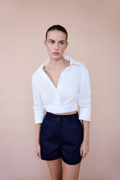 Kruvaze Yaka Poplin Crop Ekru Gömlek