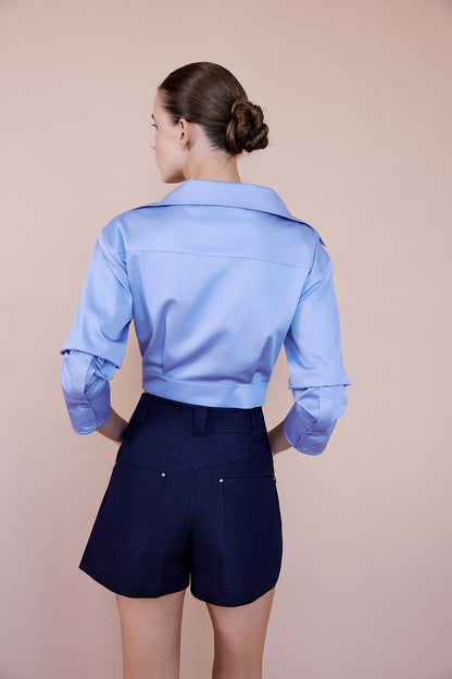 Kruvaze Yaka Poplin Crop Mavi Gömlek