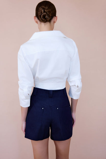 Kruvaze Yaka Poplin Crop Ekru Gömlek