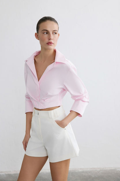 Kruvaze Yaka Poplin Crop Pembe Gömlek