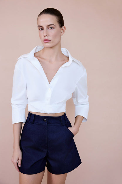 Kruvaze Yaka Poplin Crop Ekru Gömlek
