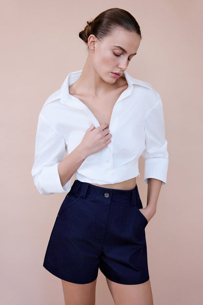 Kruvaze Yaka Poplin Crop Ekru Gömlek