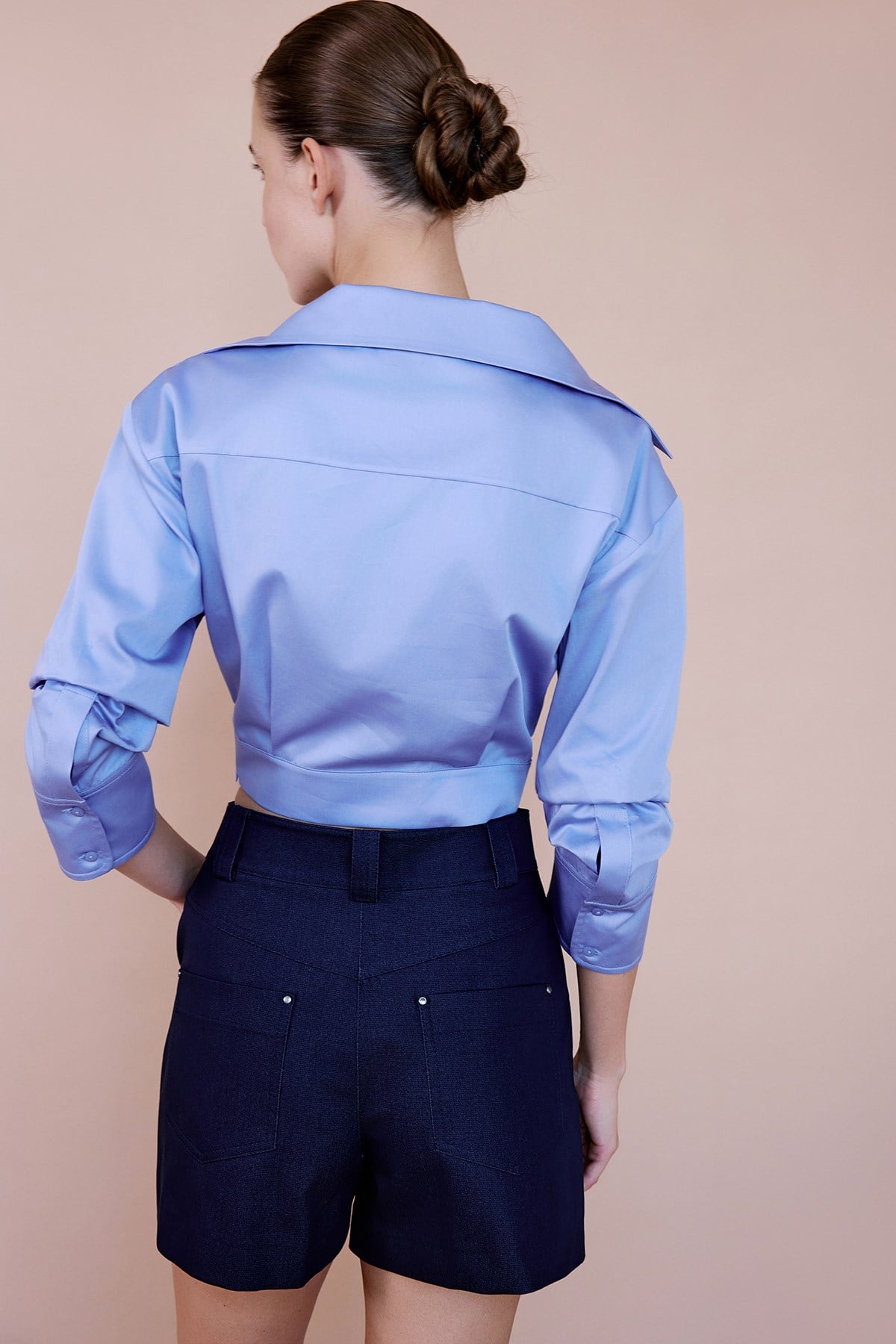 Kruvaze Yaka Poplin Crop Mavi Gömlek