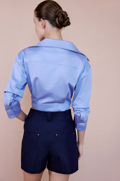 Kruvaze Yaka Poplin Crop Mavi Gömlek