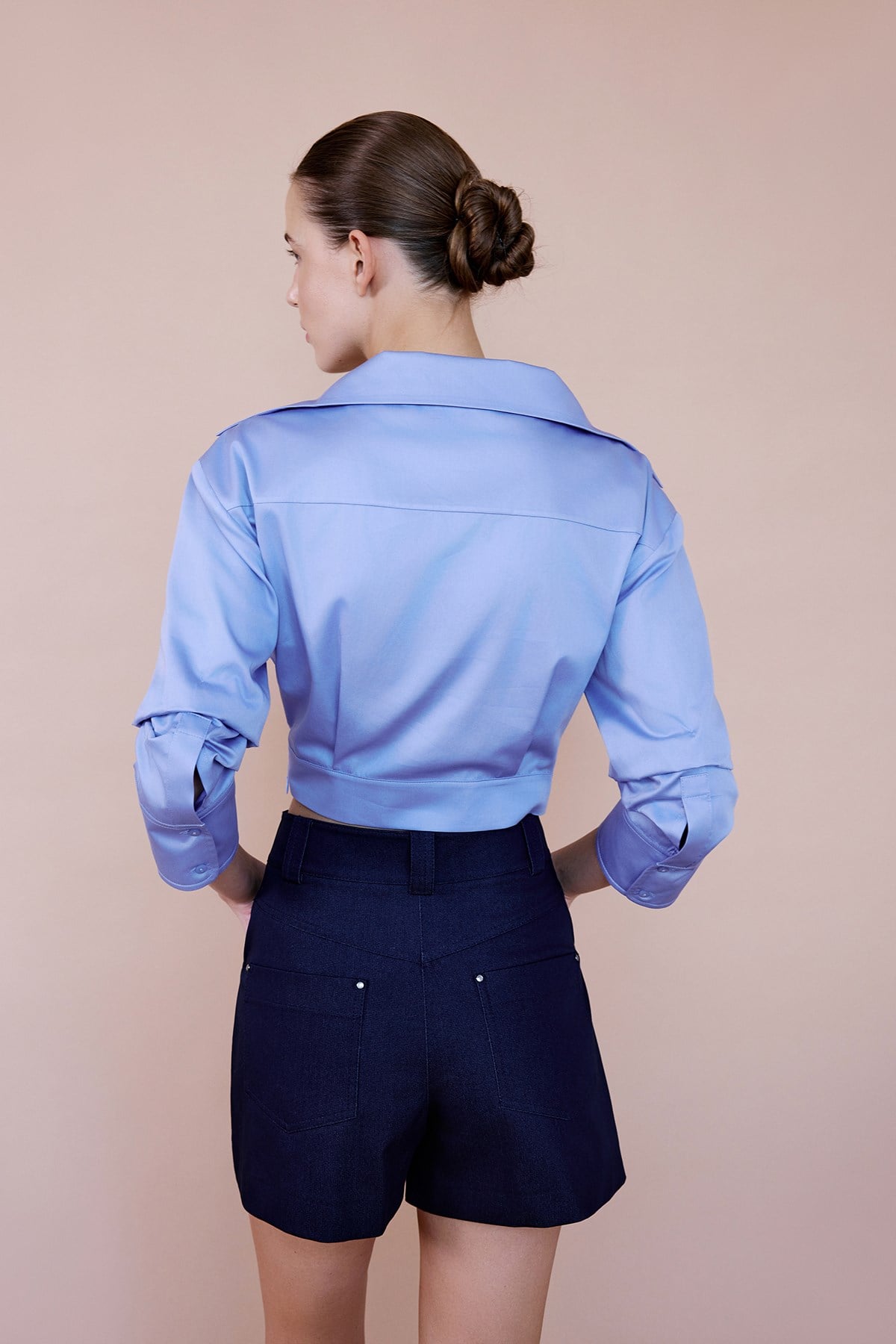 Kruvaze Yaka Poplin Crop Mavi Gömlek