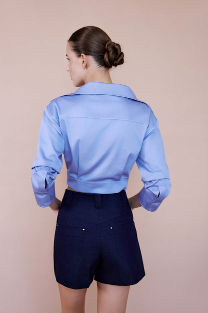 Kruvaze Yaka Poplin Crop Mavi Gömlek