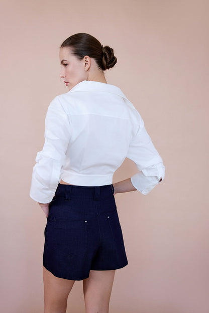 Kruvaze Yaka Poplin Crop Ekru Gömlek